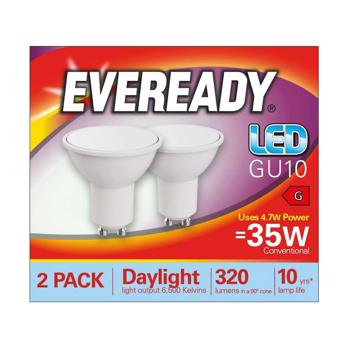 GU10 LED Spotlight Bulb 4.7W 320lm - Daylight 6500K, 2 Pack retail pack