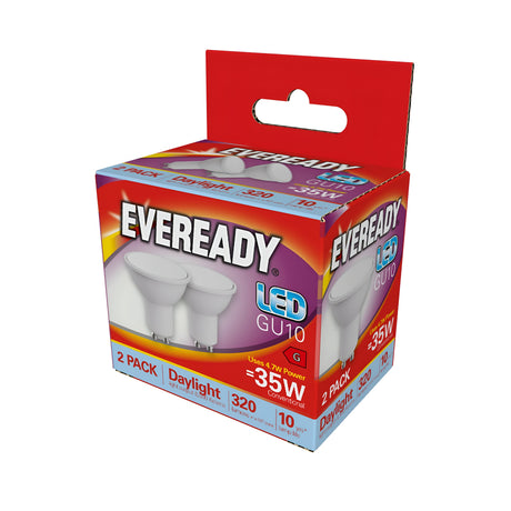 A box of Eveready 4.7W GU10 Non-Dimmable LED Bulbs in Daylight features a vibrant red and blue design, emphasizing important details such as the 2 Pack, 35W equivalent with only 4.7W usage, and a brightness output of 320 lumens. These energy-efficient LED spotlights come with a GU10 base for easy installation.