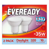 Packaging for Eveready 4.7W GU10 Non-Dimmable LED Bulb - Daylight, 6500K (2 Pack) showcases images of two energy-efficient LED spotlights. Key features include a power consumption of 4.7W, equivalent to a traditional 35W bulb, with daylight brightness at 6,500 Kelvins and a luminous output of 320 lumens spread over a 90-degree beam angle. This product has a GU10 base and boasts an impressive 10-year lifespan; the package contains two bulbs.