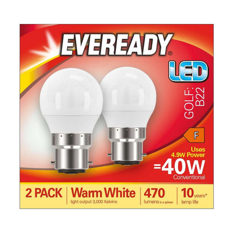 B22 (BC) LED Golf Bulb 4.9W 470lm - Warm White 3000K, 2 Pack retail pack