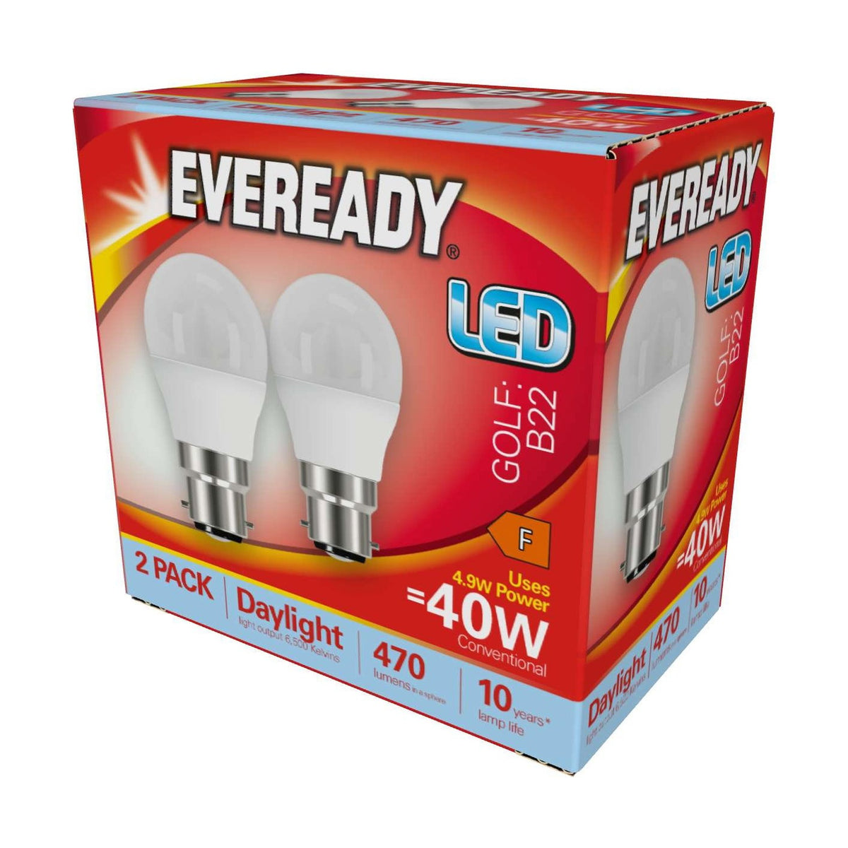 B22 (BC) LED Golf Bulb 4.9W 470lm - Daylight 6500K, 2 Pack