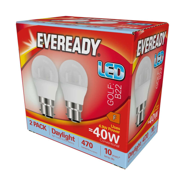 B22 (BC) LED Golf Bulb 4.9W 470lm - Daylight 6500K, 2 Pack