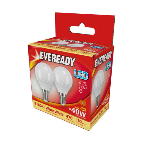 E14 (SES) LED Golf Bulb 4.9W 470lm - Warm White 3000K, 2 Pack - Eveready retail pack