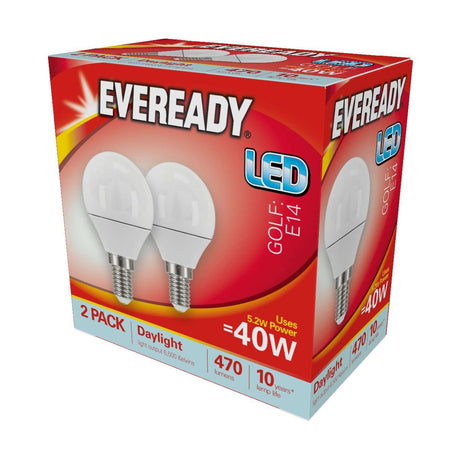 E14 (SES) LED Golf Bulb 5.2W 470lm - Daylight 6500K, 2 Pack retail pack