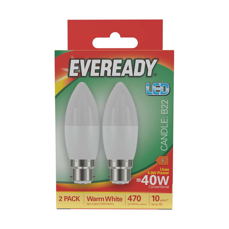 B22 (BC) LED Candle Bulb 4.9W 470lm - Warm White 3000K, 2 Pack retail pack