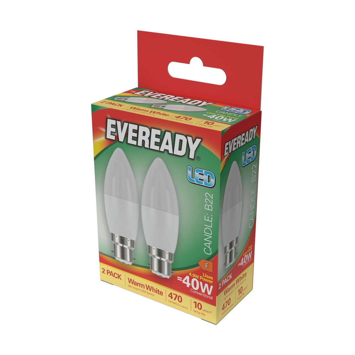 B22 (BC) LED Candle Bulb 4.9W 470lm - Warm White 3000K, 2 Pack retail pack