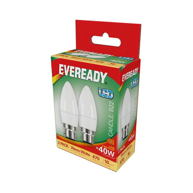 The Eveready 4.9W Non-Dimmable LED Candle Bulb package showcases two bulbs, providing a Warm White light with a color temperature of 3000K. Each bulb offers the brightness of 470 lumens, equivalent to a traditional 40W bulb, promising energy savings.