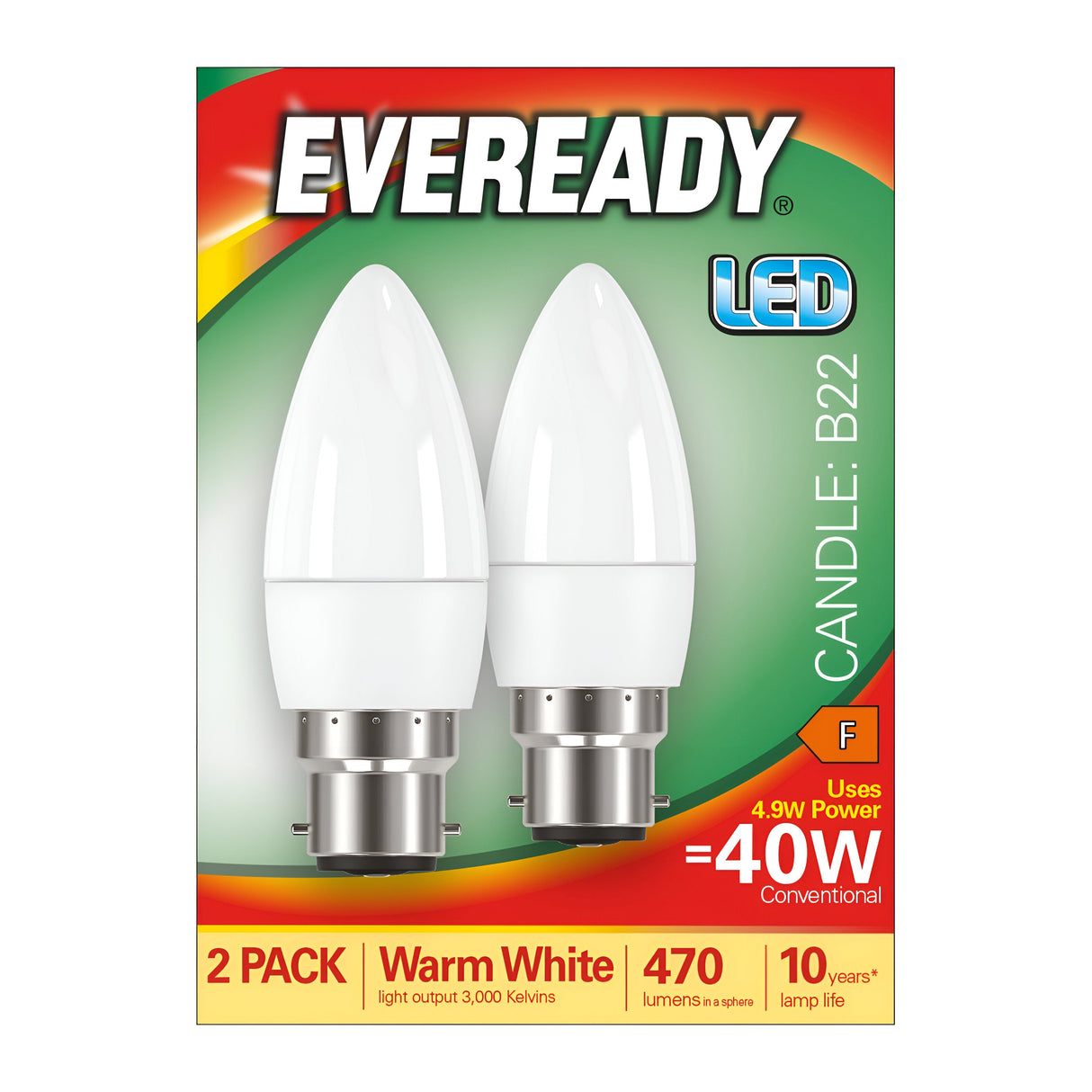 Packaging for the Eveready 4.9W Non-Dimmable LED Candle Bulb reveals two bulbs with a B22 base. Experience warm white light at 3000K, offering 470 lumens and energy savings comparable to a 40W traditional bulb, all with an impressive 10-year lifespan.