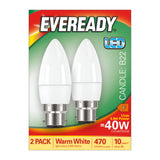 Packaging for the Eveready 4.9W Non-Dimmable LED Candle Bulb reveals two bulbs with a B22 base. Experience warm white light at 3000K, offering 470 lumens and energy savings comparable to a 40W traditional bulb, all with an impressive 10-year lifespan.