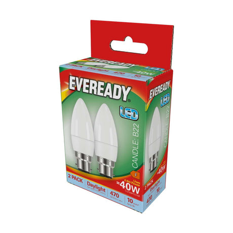 B22 (BC) LED Candle Bulb 4.9W 470lm - Daylight 6500K, 2 Pack retail pack