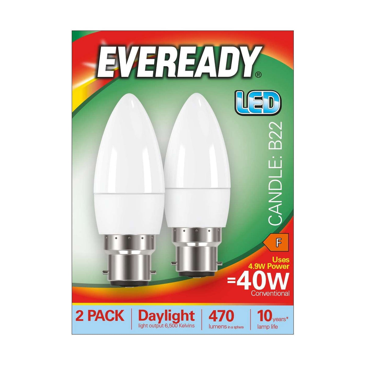 B22 (BC) LED Candle Bulb 4.9W 470lm - Daylight 6500K, 2 Pack retail pack