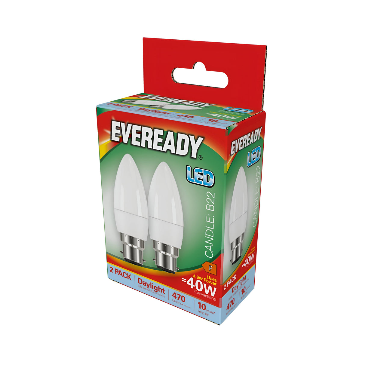 A box featuring two Eveready 4.9W Non-Dimmable LED Candle Bulbs in a red and green design, labeled as Daylight with a B22 fitting and boasting 6500K brightness. These energy-efficient bulbs are white, candle-shaped with elegant silver bases, providing a daylight glow.