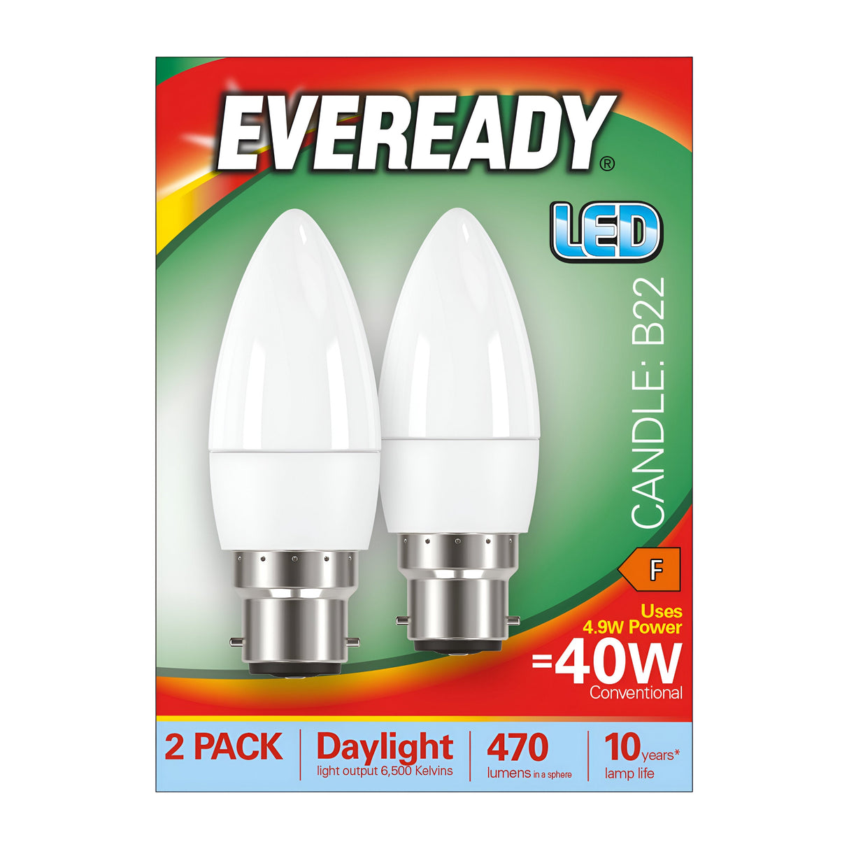 Experience the energy efficiency of the Eveready 4.9W Non-Dimmable LED Candle Bulbs with B22 fittings. This pack of two bulbs provides a daylight glow equivalent to traditional 40W bulbs, offering brilliant 6,500K light at 470 lumens with an impressive lifespan of up to 10 years.