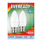 Experience the energy efficiency of the Eveready 4.9W Non-Dimmable LED Candle Bulbs with B22 fittings. This pack of two bulbs provides a daylight glow equivalent to traditional 40W bulbs, offering brilliant 6,500K light at 470 lumens with an impressive lifespan of up to 10 years.