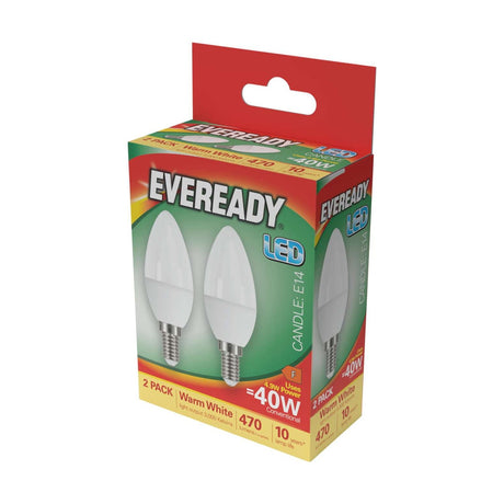 E14 (SES) LED Candle Bulb 4.9W 470lm - Warm White 3000K, 2 Pack - Eveready retail pack