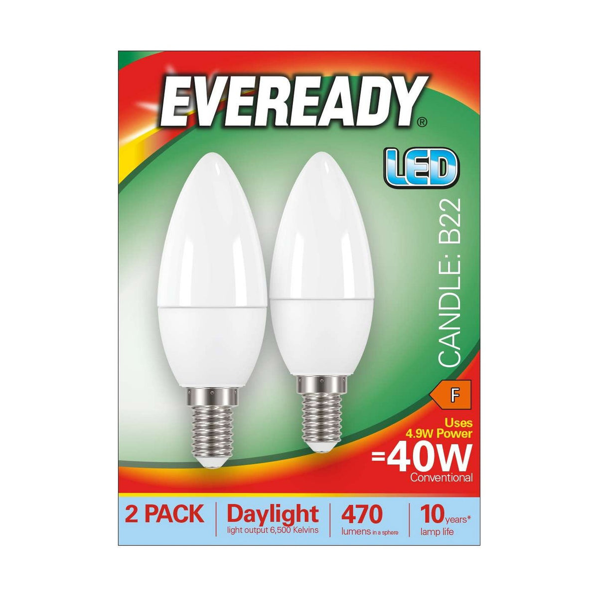 E14 (SES) LED Candle Bulb 4.9W 470lm - Daylight 6500K, 2 Pack retail pack