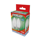 The Eveready LED Candle Bulb packaging features two candle-shaped bulbs with E14 bases. Housed in a vibrant red and green box, these 2-pack daylight bulbs provide a 6500K daylight color, with a light output equivalent to 40W and 470 lumens brightness.
