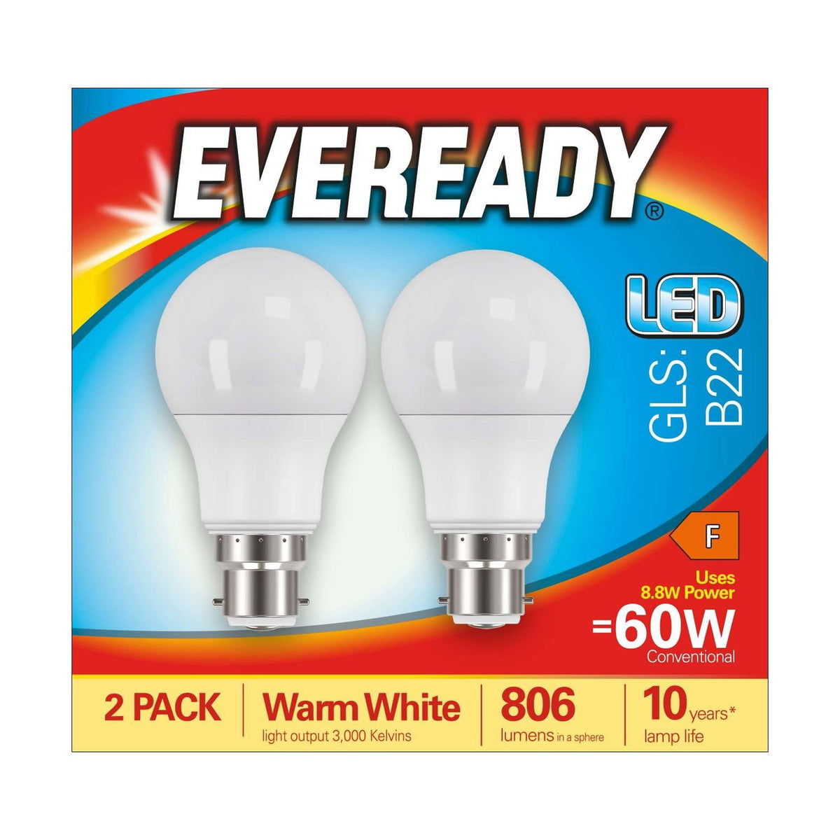 B22 (BC) LED GLS Bulb 8.8W 806lm - Warm White 3000K, 2 Pack retail pack