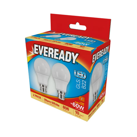 The packaging of the Eveready 8.8W Non-Dimmable LED GLS Bulbs features a design with two bulbs inside. The box, primarily red with blue accents, highlights essential specifications such as B22 base, 60W equivalent power, warm white light at 3000K, and an output of 806 lumens. It is clearly labeled as a 2 Pack and includes an energy efficiency label for economical lighting solutions.