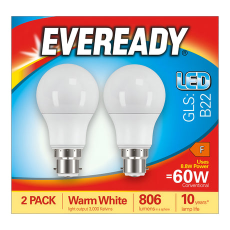 A packaging image of the Eveready 8.8W Non-Dimmable LED GLS Bulb - Warm White, B22, 3000K (2 Pack) is shown. The box includes two bulbs with a B22 base that provide warm white light and are equivalent to 60W conventional bulbs. These bulbs feature 8.8W power output, deliver 806 lumens of brightness, and offer impressive energy efficiency with a lamp life spanning 10 years.