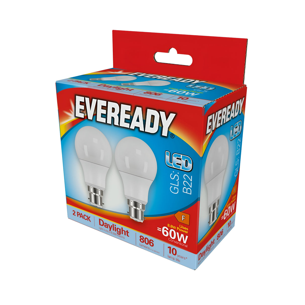 Packaging for a two-pack of Eveready 8.8W Non-Dimmable LED GLS Bulbs. The red and blue box highlights their energy-efficient performance, equivalent to 60W, and daylight brightness with a B22 fitting. The energy class is listed as F.