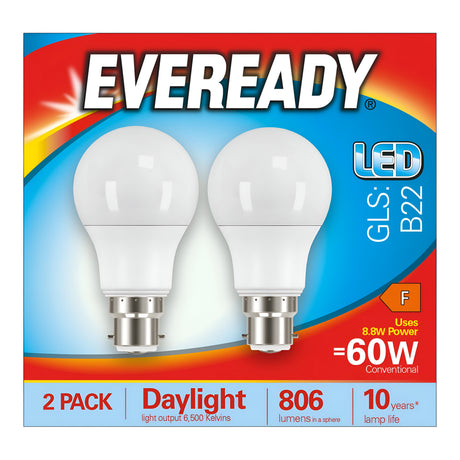 Packaging for the Eveready 8.8W Non-Dimmable LED GLS Bulbs, B22 base, with a daylight brightness of 6500K. This energy-efficient pack contains two bulbs, each emitting 806 lumens and using only 8.8 watts of power while being equivalent to a traditional 60W bulb. They offer an impressive lifespan of up to 10 years.