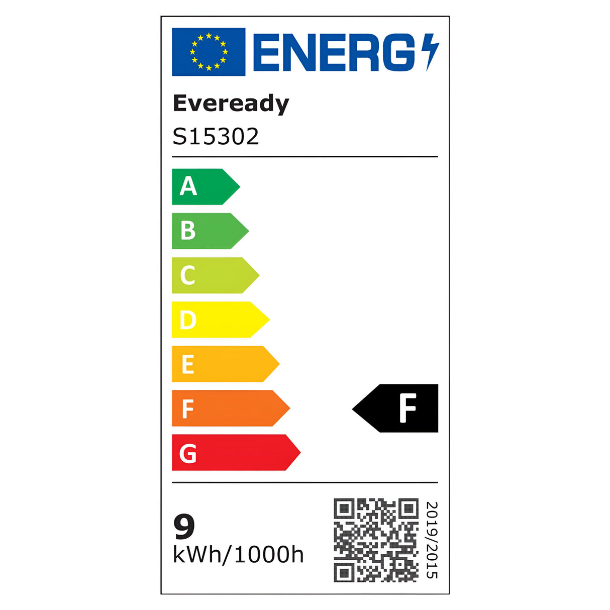 The energy label for the Eveready 8.8W Non-Dimmable LED GLS Bulb - Daylight, B22, 6500K (2 Pack) displays a rating of F, indicating an energy usage of 9 kWh/1000h. This product features energy-efficient LED bulbs and comes with a QR code, referencing the years 2019/2015. At the top of the label, you can see the EU flag and prominently displayed ENERGY text.