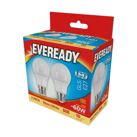 E27 (ES) LED GLS Bulb 8.8W 806lm - Warm White 3000K, 2 Pack - Eveready retail pack