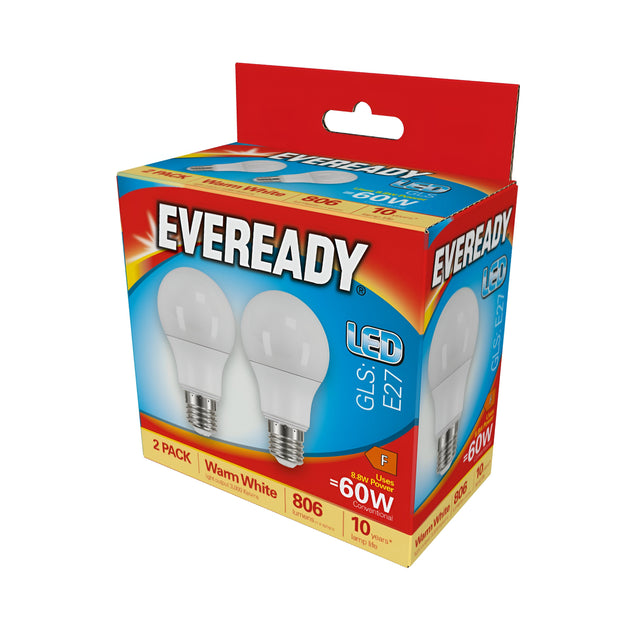 The red and blue packaging for the Eveready 8.8W Non-Dimmable LED GLS Bulb - Warm White, E27, 3000K (2 Pack) holds two LED light bulbs. It prominently displays "2 Pack," "Warm White," and "60W equivalent." Featuring an energy rating of F, it provides 806 lumens of brightness and can last for up to 10 years.