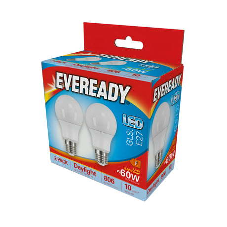 A box of Eveready 8.8W Non-Dimmable LED GLS Bulbs, featuring a red and blue design. This 2-pack provides 6500K daylight illumination with an output of 806 lumens, equivalent to 60W power. These energy-efficient bulbs last up to 10 years, with packaging that prominently displays all product details.