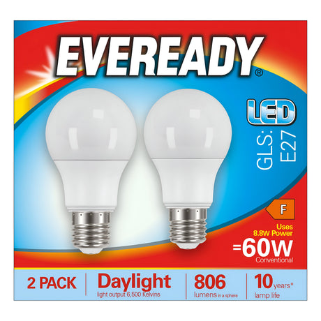 The Eveready 8.8W Non-Dimmable LED GLS Bulb packaging features a 2-pack of energy-efficient bulbs with E27 bases, providing 6,500K daylight and emitting 806 lumens. These bulbs use 8.8 watts of power while matching the brightness of a traditional 60-watt bulb, and they boast an impressive claimed lamp life of up to 10 years.