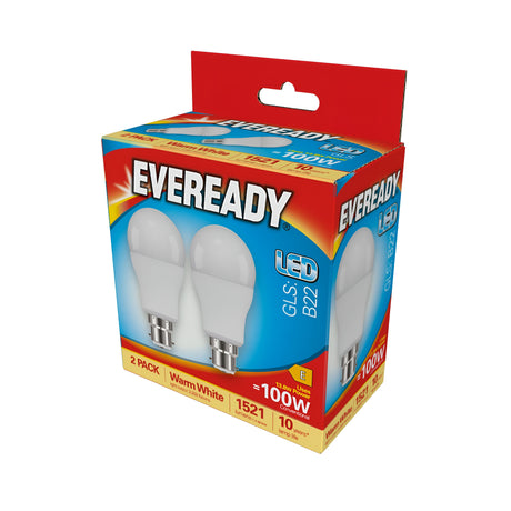 The product is a red and blue box containing two Eveready 13.8W Non-Dimmable LED GLS bulbs, which provide energy-efficient lighting. The packaging includes details such as B22 base, warm white 3000K color temperature, 1521 lumens output, and comes in a convenient 2 pack.