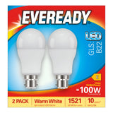 The image showcases the Eveready 13.8W Non-Dimmable LED GLS Bulb in a 2-pack packaging. These bulbs feature a B22 base and provide energy-efficient lighting equivalent to 100W conventional bulbs, emitting warm white light at 3000K and producing 1521 lumens. Against a red and yellow background, these bulbs offer a promised lifespan of up to 10 years.