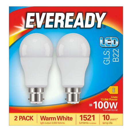 The image showcases the Eveready 13.8W Non-Dimmable LED GLS Bulb in a 2-pack packaging. These bulbs feature a B22 base and provide energy-efficient lighting equivalent to 100W conventional bulbs, emitting warm white light at 3000K and producing 1521 lumens. Against a red and yellow background, these bulbs offer a promised lifespan of up to 10 years.