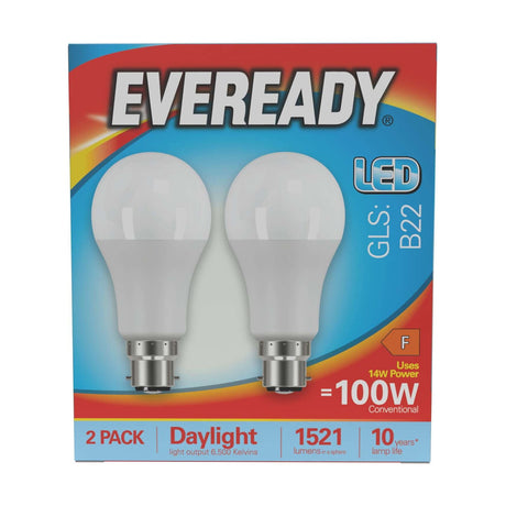 B22 (BC) LED GLS Bulb 14W 1521lm - Daylight 6500K, 2 Pack retail pack
