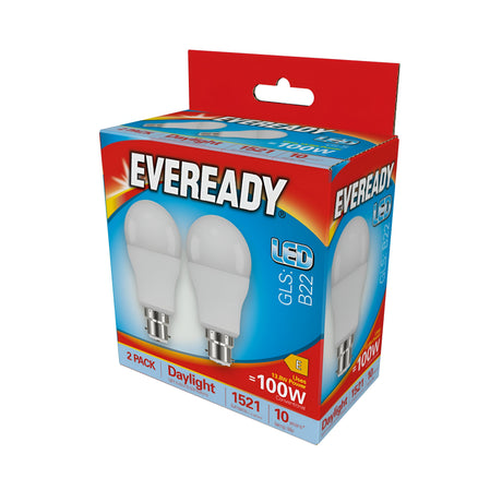 A vibrant package of two energy-efficient Eveready 13.8W Non-Dimmable LED GLS Bulbs showcases the daylight brilliance through a transparent section. The packaging features specifications such as B22, Daylight, 6500K, 2 Pack, with an impressive brightness level and a robust lifespan extending up to 10 years.