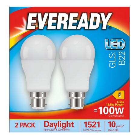 Image of the Eveready 13.8W Non-Dimmable LED GLS Bulb packaging displaying a pack of two bulbs with B22 bases, equivalent to 100W. These energy-saving bulbs produce 1521 lumens and emit a bright daylight glow at 6500 Kelvin. The packaging emphasizes a 10-year lifespan and an energy efficiency class of E.