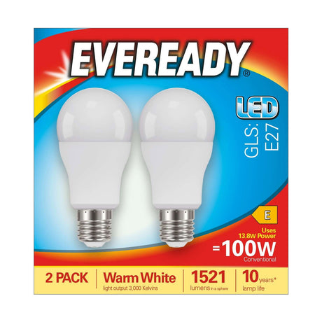 E27 (ES) LED GLS Bulb 13.8W 1521lm - Warm White 3000K, 2 Pack retail pack