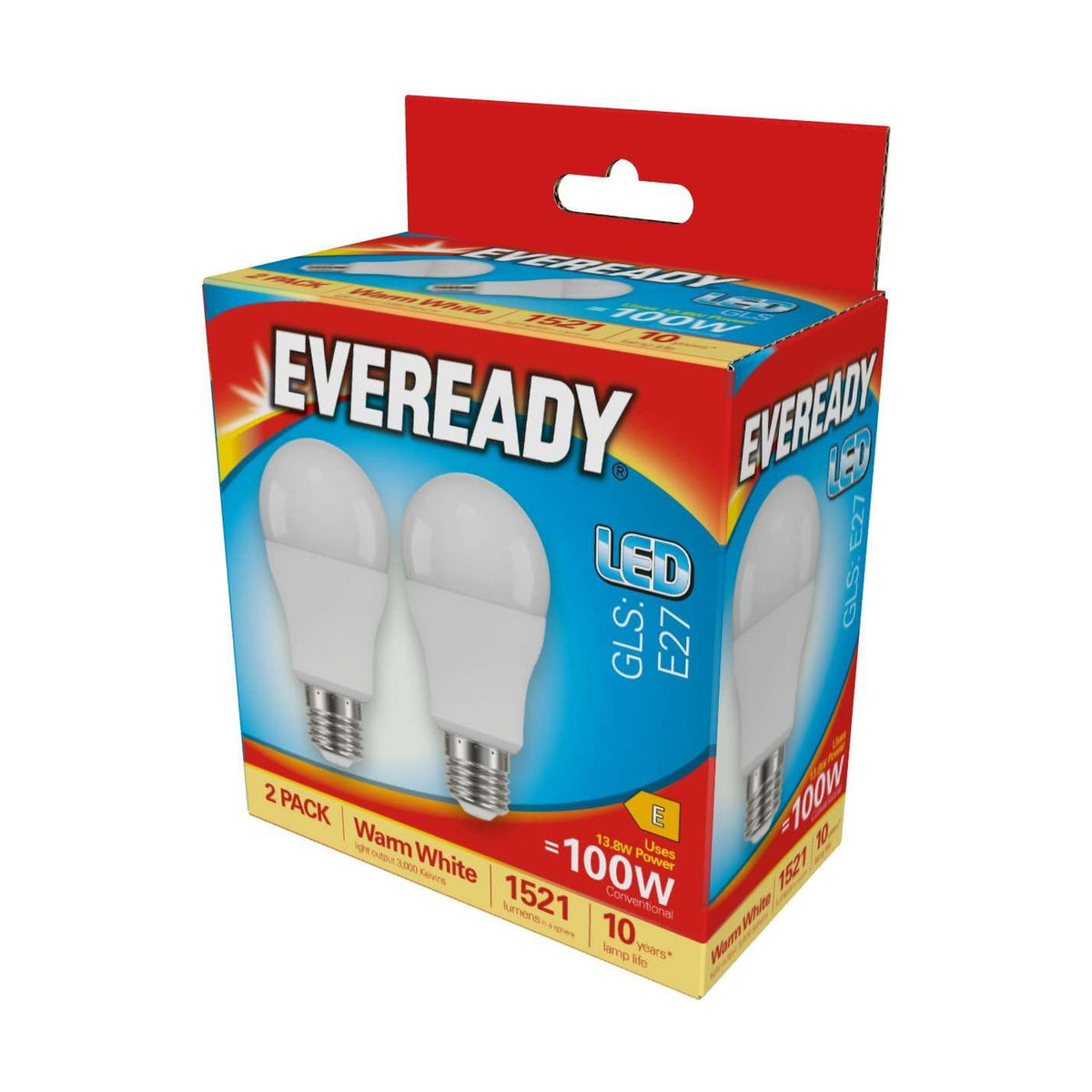 E27 (ES) LED GLS Bulb 13.8W 1521lm - Warm White 3000K, 2 Pack retail pack