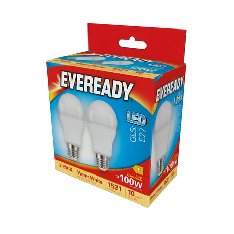 A 2-pack box of Eveready 13.8W Non-Dimmable LED GLS bulbs in warm white features blue and red packaging with images of the bulbs. The package highlights energy-efficient lighting that offers a 100W equivalent, E27 base, and emits 1521 lumens at 3000K.