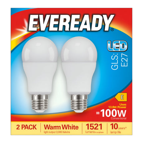 The packaging of the Eveready 13.8W Non-Dimmable LED GLS Bulbs highlights their energy-efficient lighting features. The set includes two E27 bulbs that provide warm white light at 1521 lumens each. These bulbs offer the brightness of traditional 100W bulbs while consuming only 13.8 watts and have an impressive lifespan of up to 10 years.