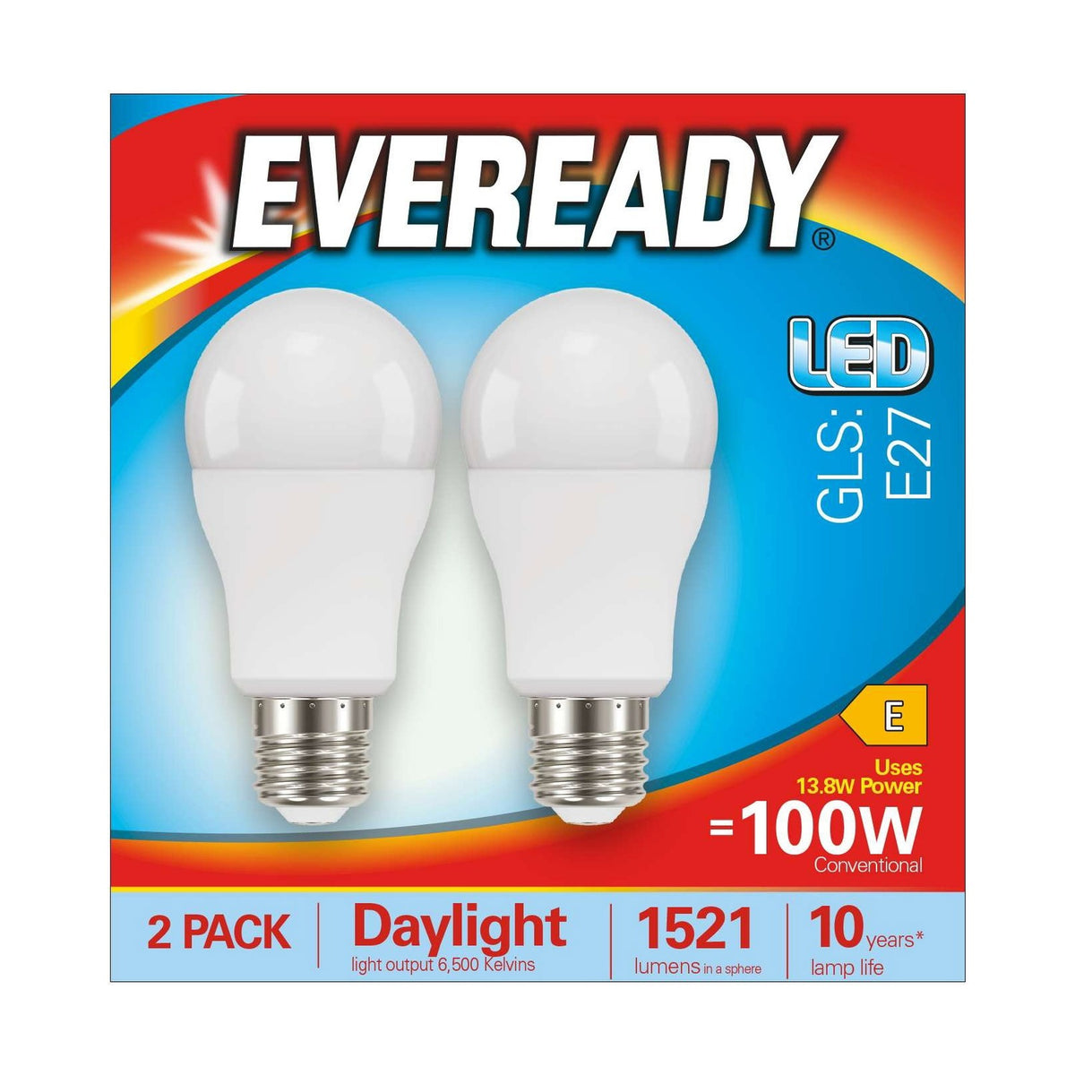 E27 (ES) LED GLS Bulb 13.8W 1521lm - Daylight 6500K, 2 Pack retail pack