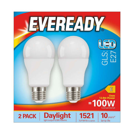 E27 (ES) LED GLS Bulb 13.8W 1521lm - Daylight 6500K, 2 Pack retail pack