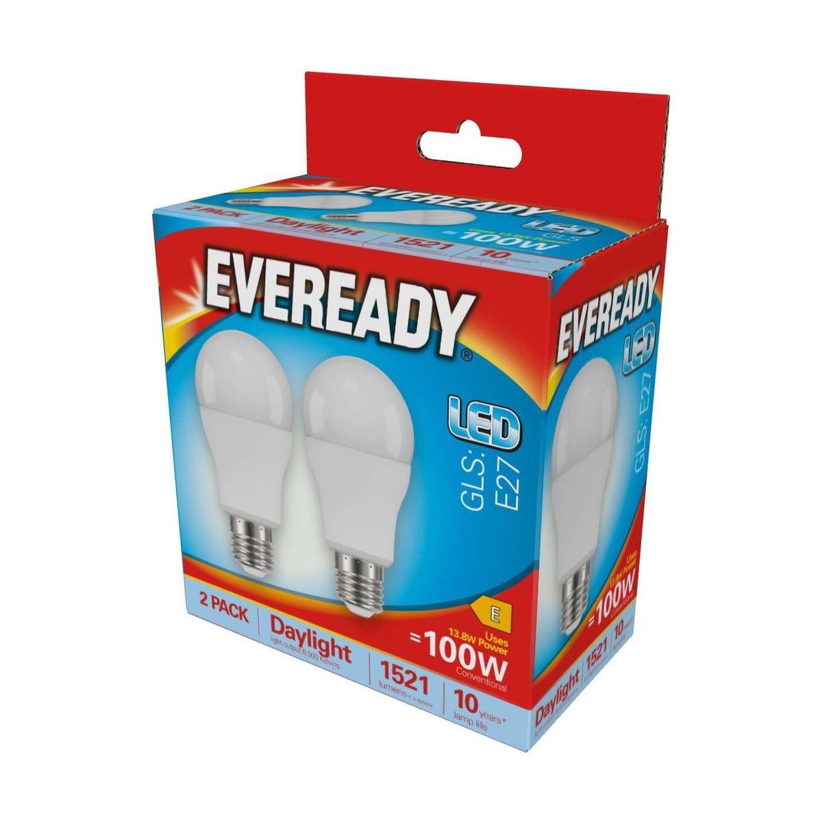 E27 (ES) LED GLS Bulb 13.8W 1521lm - Daylight 6500K, 2 Pack retail pack