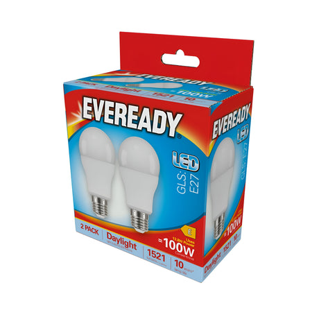 The Eveready 13.8W Non-Dimmable LED GLS Bulb comes in a pack of two and offers a daylight effect with an impressive 1521 lumens output, suitable for E27 base fixtures. Packaged in a striking red and blue design, these bulbs are energy-efficient, corresponding to the traditional 100W bulb while rated as energy class E.