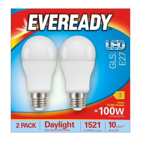 The image showcases a package of two Eveready 13.8W Non-Dimmable LED GLS Bulbs in the E27 model, offering daylight effect brightness at 6500K with an output of 1521 lumens. These bulbs provide the equivalent brightness of a 100W bulb while only consuming 13.8W and boast an impressive lifespan of up to 10 years, all presented in a package featuring a blue and red design.