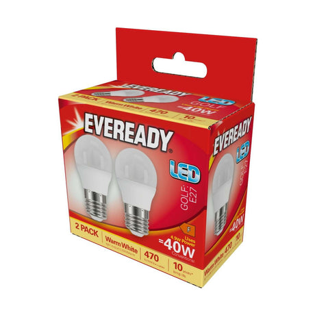 E27 (ES) LED Golf Bulb 4.9W 470lm - Warm White 3000K, 2 Pack retail pack