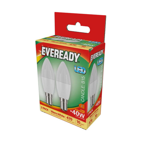 B15 (SBC) LED Candle Bulb 4.9W 470lm - Warm White 3000K, 2 Pack retail pack