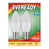 The packaging for the Eveready 4.9W Non-Dimmable LED Candle Bulb highlights its energy efficiency. This 2-pack contains bulbs with an output equivalent to 40W traditional bulbs, providing warm white light at 3000K and delivering 470 lumens. With a lifespan of up to 10 years, these B15 base LED bulbs ensure efficient lighting for your home.