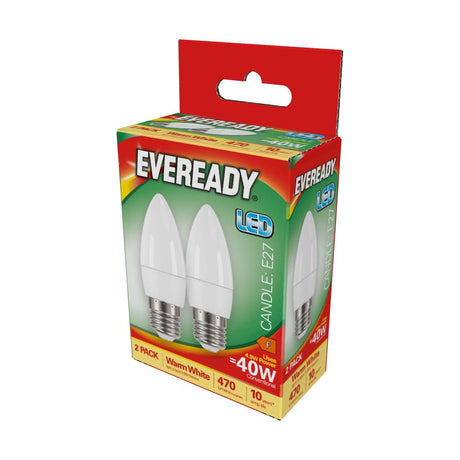 E27 (ES) LED Candle Bulb 4.9W 470lm - Warm White 3000K, 2 Pack retail pack